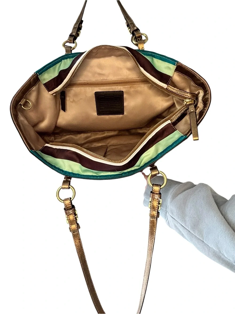 COACH Legacy Stripe Large Satin Tote Bronze Leather Trim Style 14010